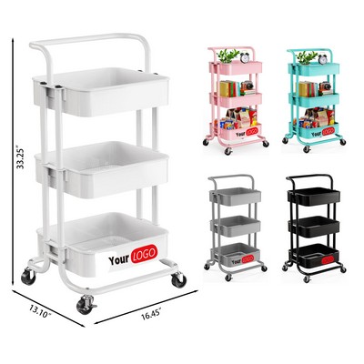 3 Tier Mesh Utility Cart Rolling Metal Organization Cart with Handle and Lockable Wheels