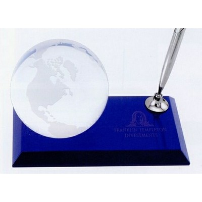 3" Globe Desk Award With Pen On Blue Glass Base