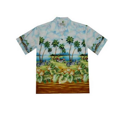 Blue Hawaiian Border Print Cotton Poplin Shirt w/ Button Front