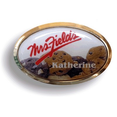 Bright Gold Metal Oval Domed w/ White PVC Insert Printed in Full Color (1 15/16"x 2 3/4")