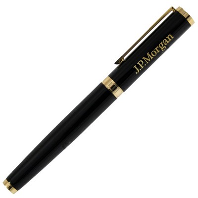 Glossy Black Roller Ball Pen with Gold Accents