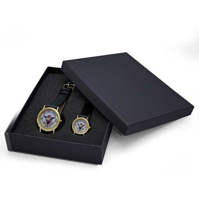 Elegant Dress Watch Set w/Gold Bezel, Genuine Leather Band & Japanese Quartz Movement