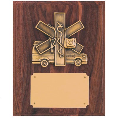 Walnut Finish Plaque w/EMS Star of Life, Ambulance & Engraving Plate (8"x10")