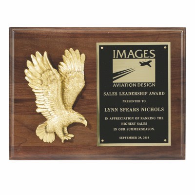 Walnut Finish Plaque w/Brass Eagle & Black Engraving Plate (9"x12")