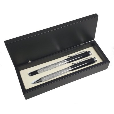 Silver Glass Fiber Finish Ball Pen and Roller Ball Pen Set