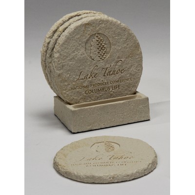 4-Pc Round Limestone-Texture Coaster Set w/Base