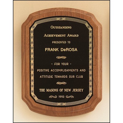 American Walnut Plaque w/Black Brass Plate, Notched Corner & Gold Design Border (9"x 12")