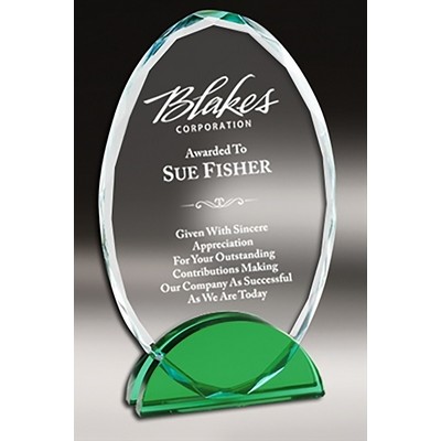 Crystal Oval Plaque with Green Double Arc Base Series, Small (4"x 6-1/4"H)