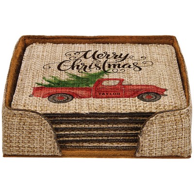 4" x 4" - Square Burlap Coaster Set and Holder