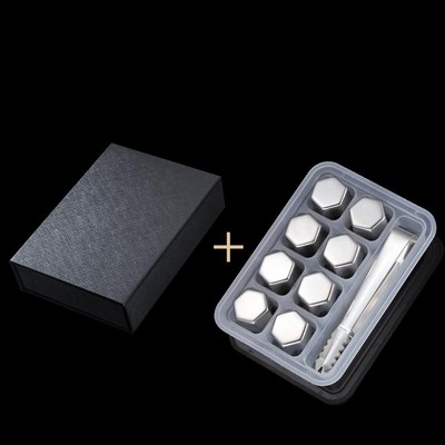 Silver Hexagonal Shape 8 PCS Stainless Steel Ice Cube Set Silicone Clip Gift Box