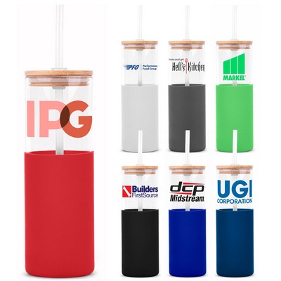 18 Oz. Glass Tumbler With Bamboo Lid, Straw & Silicone Sleeve