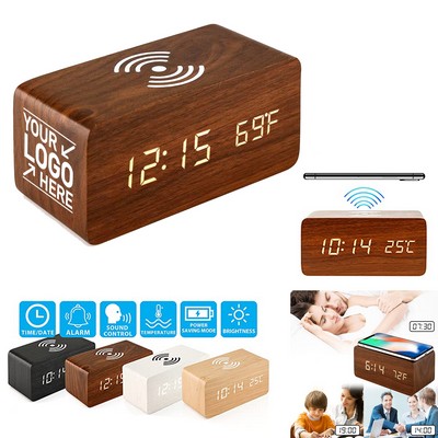 Wooden Alarm Clock with Wireless Charging Pad