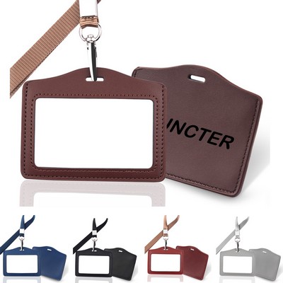 Leather Horizontal ID Badge Card Holder With Lanyard