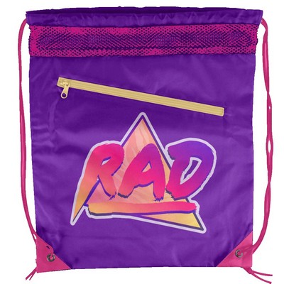 Full Sublimation Mesh-Top Polyester Drawstring Bag With Slant-Zip Pocket