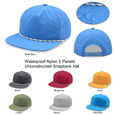 Waterproof Nylon 5 Panel Unstructured Flat Bill Snapback Floppy Rope Hat