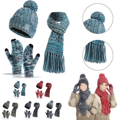 3 in 1 Pom Pom Hat Long Scarf and Touch Screen Gloves