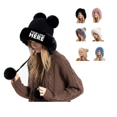 Womens Knitted Beanie With Poms