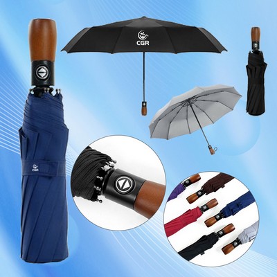 Wooden-Handled Windproof Auto Sun/Rain Umbrella