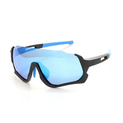 Goggle Sunglasses - Blue Mirror Lenses - Black and Blue Frames