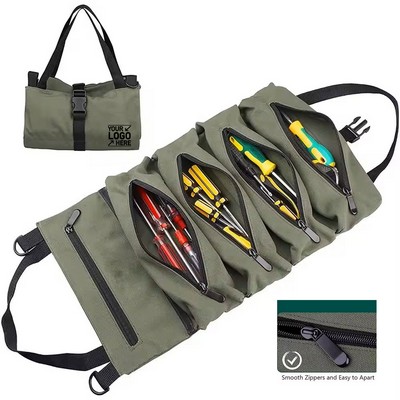 Custom Hanging Kit Organizer Multi-Purpose Waxed Canvas Tool Roll Bag With 5 Zipper