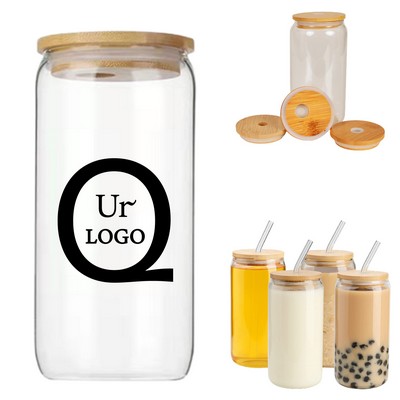 17 Oz Bamboo Lid Drinking Glass W/ Straw