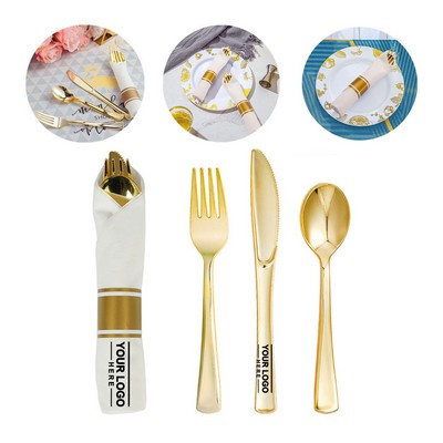 Wrapped Disposable Silverware Set with Fork Knives Spoon White Napkins