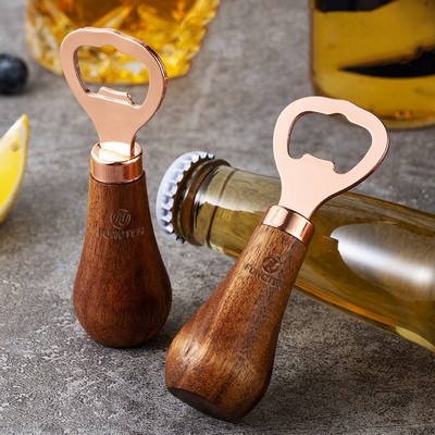 Wood Handle Stand Stainless Steel Bottle Opener for Opening Beer, Cider, Soft Drinks (Rose Gold)