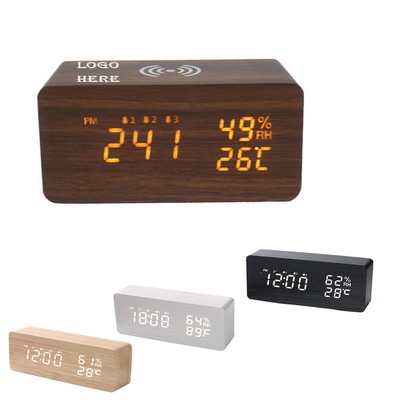 Wood Wireless Charging Temperature And Humidity Led Alarm Clock