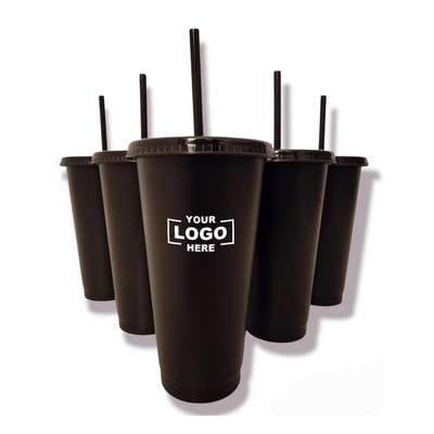 Plastic Black Cup with Lid and Straw