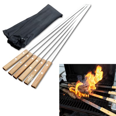 BBQ Skewers Set of 6 Stainless Steel with Wooden Handles and Storage Bag