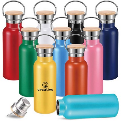 17oz Double Wall Insulated Bottle with Handle and Wooden Leakproof Lid