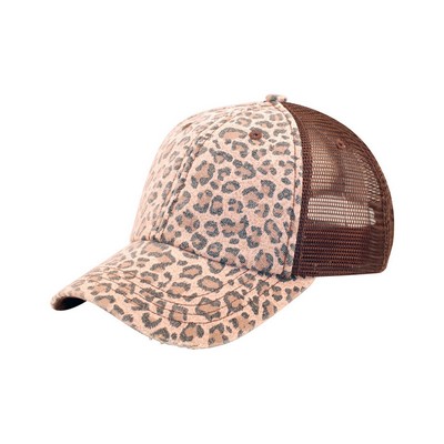 Leopard Print Canvas Cap w/ Mesh Back