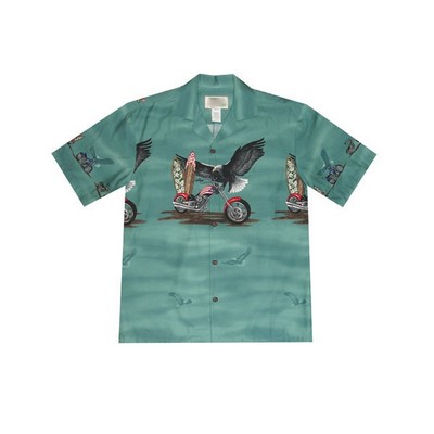 Green Hawaiian Border Print Cotton Poplin Shirt w/ Button Front