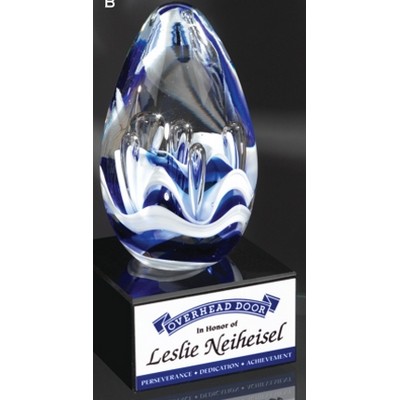 Blue/ White Glass Egg Award w/Black Glass Base (7 1/2")