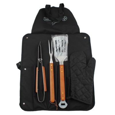 Maverick Wooden-Handle BBQ Tool Set w/ Apron (4 Piece Set)