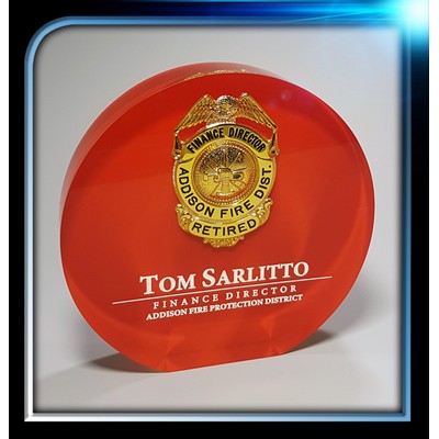 Custom Lucite Round Award w/Flat Bottom and Red Backing (4" Dia. x 1")