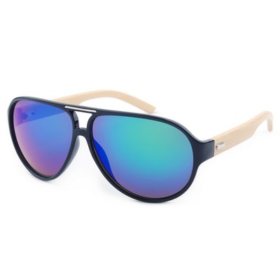 Bamboo Wood Sunglasses - Black Frames & Green Mirror Lenses