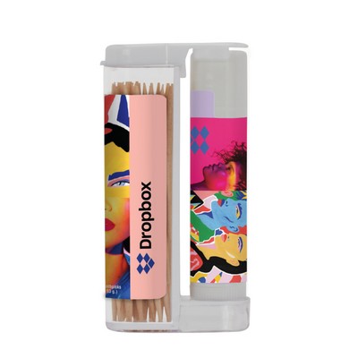 Wooden Toothpicks In A Rectangular Flip-Top Duo W/ Spf 15 Lip Balm