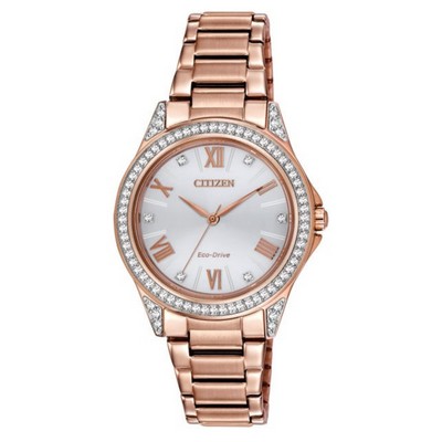 Citizen Ladies' Drive Watch, Pink Gold-tone, Silver Dial with Swarovski Crystals