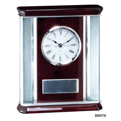 Rosewood Piano Finish Mantel Clock with Flanking Silver Columns, 7-1/2"x9"H