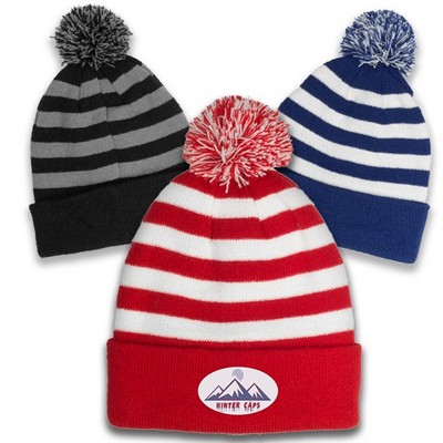 Beanie - Acrylic Rib Knit embroidered beanies w/ Pom pom