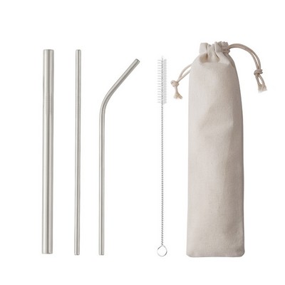 4-Piece 304 Stainless Steel Flatware Three Straws Brush Tableware Set W/Drawstring Bag(Silver)