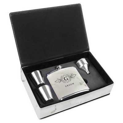 Laserable White Marble Leatherette 6 Oz. Flask Gift Set