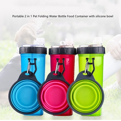 Portable 2 In 1 Pet Water Bottle Food Container With Folding Silicone Pet Bowl