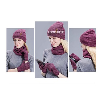 Winter Beanie Hat Scarf Touchscreen Gloves Set 