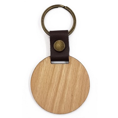 Round Circle Wood Keychain w/ Leather Strap