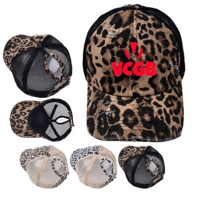 Leopard Ponytail Mesh Baseball Cap