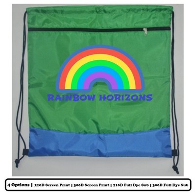 Solid Multi-Panel Polyester Drawstring Bag With Horizontal-Zip Pocket - Screen Print, Heat Press