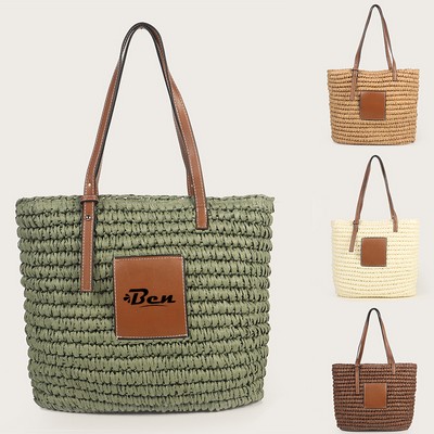 Natural Straw Bag Hand Woven Round Handle Handbags Retro