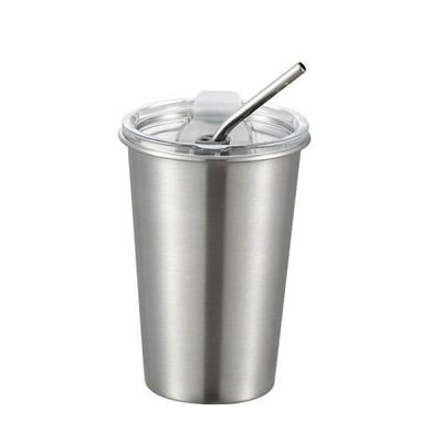 Single Wall 304 Stainless Steel 17 oz Beer Cups with Lid and Straw